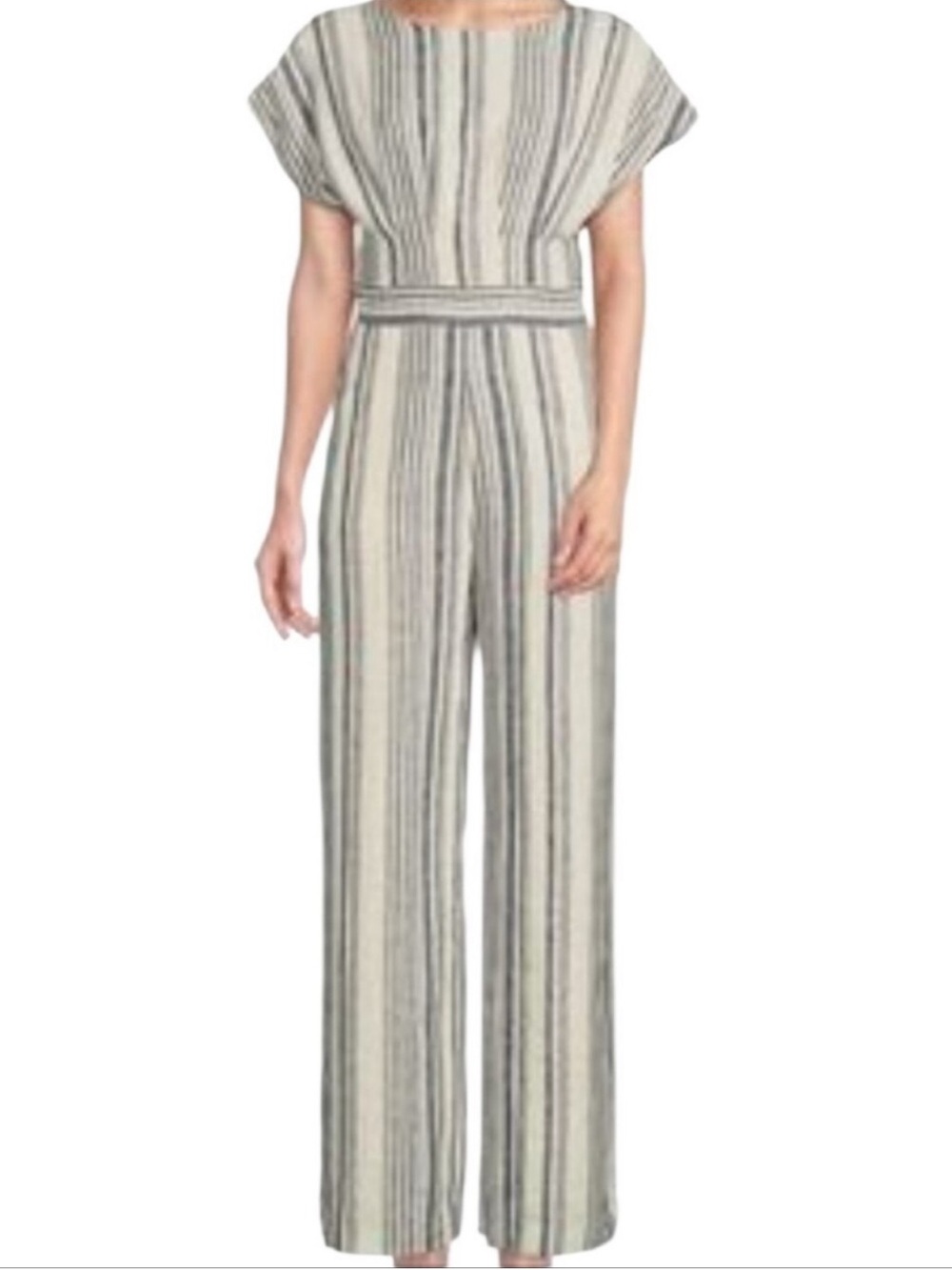 Gibson Latimer Striped Sleeveless Wide-Leg Linen Jumpsuit in Cream and Navy Sz L